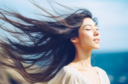Young woman with eyes closed enjoying her freedom by the sea coastの素材