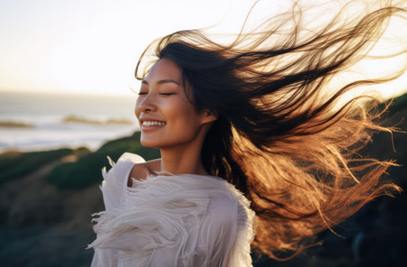 Young woman with eyes closed enjoying her freedom by the sea coastの素材