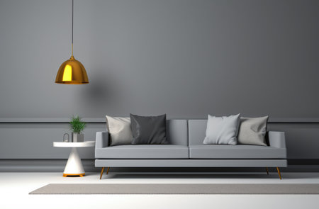 Chic Minimalist Living Room with a modern sofa and little decor.の素材