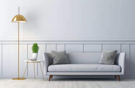 Chic Minimalist Living Room with a modern sofa and little decor.の素材