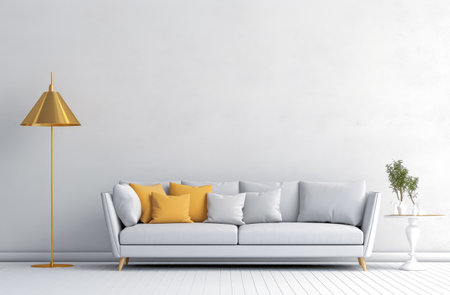 Chic Minimalist Living Room with a modern sofa and little decor.の素材