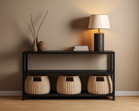 Sophisticated black modern console table with Elegant Lighting and Decorの素材