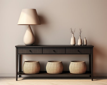 Sophisticated black modern console table with Elegant Lighting and Decorの素材