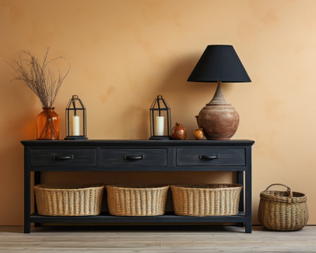 Sophisticated black modern console table with Elegant Lighting and Decorの素材