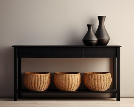 Sophisticated black modern console table with Elegant Lighting and Decorの素材