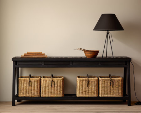 Sophisticated black modern console table with Elegant Lighting and Decorの素材