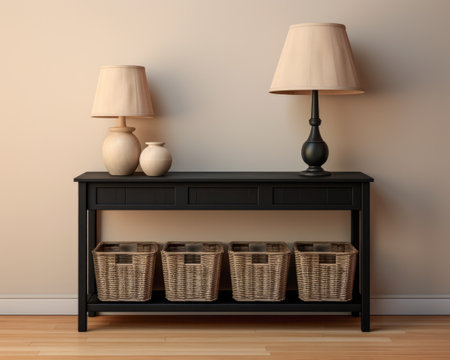 Sophisticated black modern console table with Elegant Lighting and Decorの素材