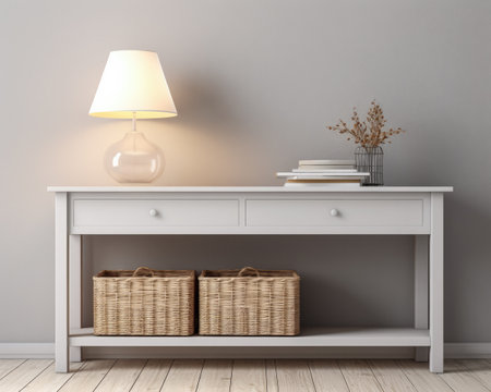 Sophisticated white modern console table with Elegant Lighting and Decorの素材