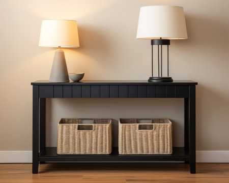 Sophisticated black modern console table with Elegant Lighting and Decorの素材