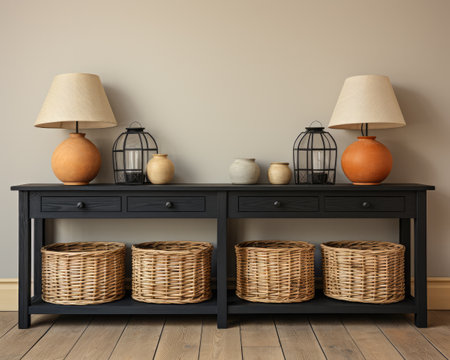 Sophisticated black modern console table with Elegant Lighting and Decorの素材