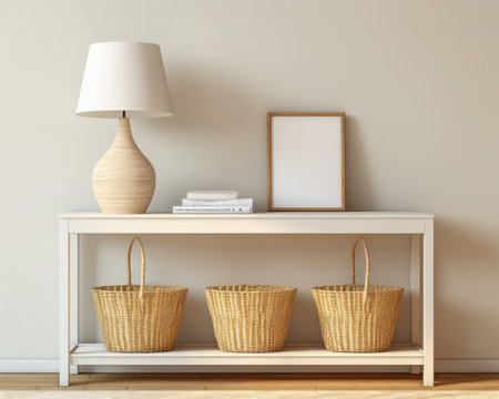 Sophisticated white modern console table with Elegant Lighting and Decorの素材