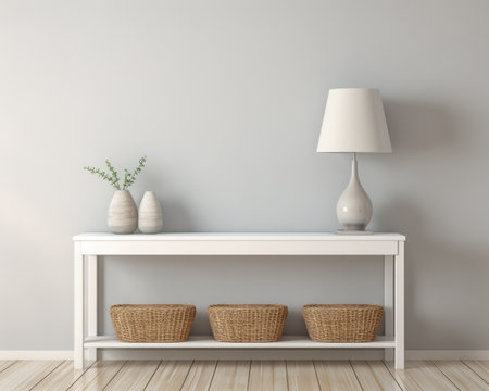 Sophisticated white modern console table with Elegant Lighting and Decorの素材
