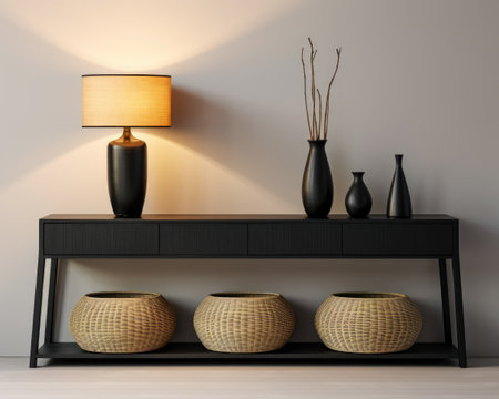 Sophisticated black modern console table with Elegant Lighting and Decorの素材