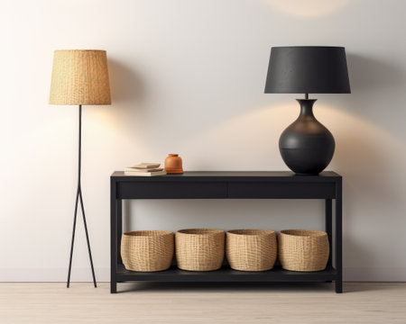 Sophisticated black modern console table with Elegant Lighting and Decorの素材