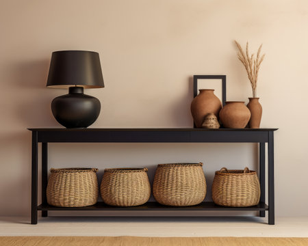 Sophisticated black modern console table with Elegant Lighting and Decorの素材
