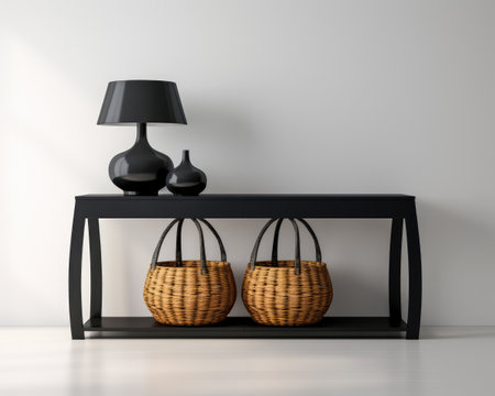 Sophisticated black modern console table with Elegant Lighting and Decorの素材