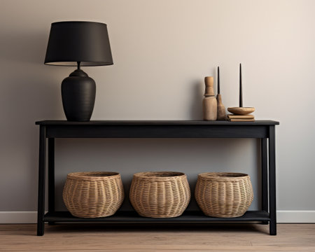 Sophisticated black modern console table with Elegant Lighting and Decorの素材