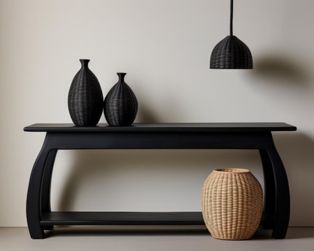 Sophisticated black modern console table with Elegant Lighting and Decorの素材