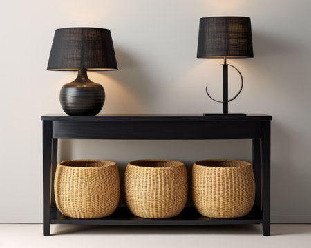 Sophisticated black modern console table with Elegant Lighting and Decorの素材