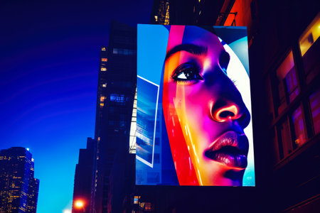 Billboards on a futuristic city scene. Concept art with a futuristic vision of advertisingの素材