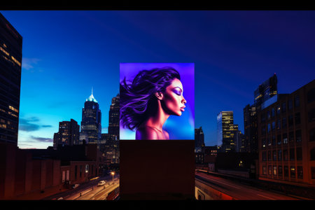 Billboards on a futuristic city scene. Concept art with a futuristic vision of advertisingの素材