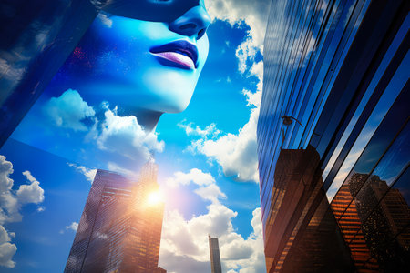 Billboards on a futuristic city scene. Concept art with a futuristic vision of advertisingの素材