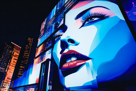 Billboards on a futuristic city scene. Concept art with a futuristic vision of advertisingの素材