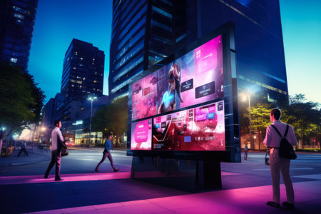 Billboards on a futuristic city scene. Concept art with a futuristic vision of advertisingの素材