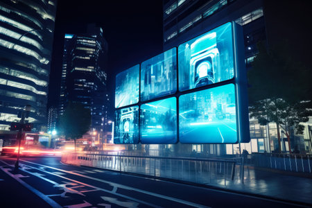 Billboards on a futuristic city scene. Concept art with a futuristic vision of advertisingの素材