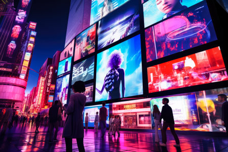 Billboards on a futuristic city scene. Concept art with a futuristic vision of advertisingの素材