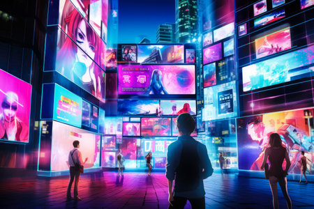 Billboards on a futuristic city scene. Concept art with a futuristic vision of advertisingの素材