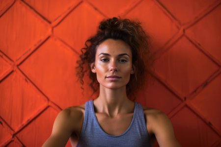 Portrait of a young woman against a vibrant orange backgroundの素材