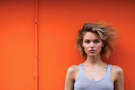 Portrait of a young woman against a vibrant orange backgroundの素材
