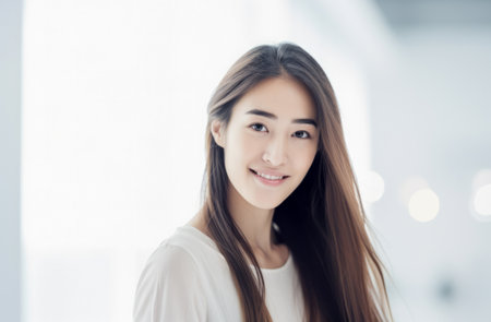 Portrait of a young beautiful asian woman isolated from a bright backgroundの素材