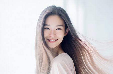 Portrait of a young beautiful asian woman isolated from a bright backgroundの素材