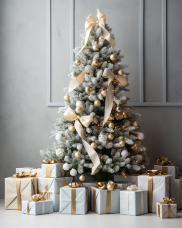 Beautiful christmas tree decorated with baubles and different presents on the floor. Copyspace background.の素材