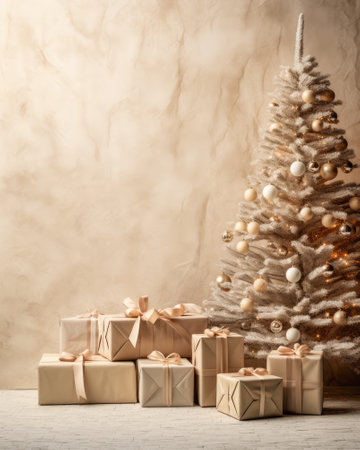 Beautiful christmas tree decorated with baubles and different presents on the floor. Copyspace background.の素材