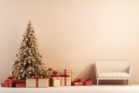 Beautiful christmas tree decorated with baubles and different presents on the floor. Copyspace background.の素材