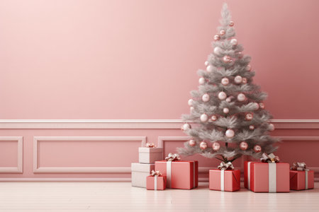 Beautiful christmas tree decorated with baubles and different presents on the floor. Copyspace background.の素材