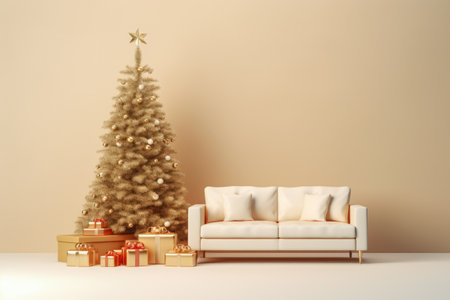 Beautiful christmas tree decorated with baubles and different presents on the floor. Copyspace background.の素材