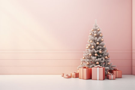 Beautiful christmas tree decorated with baubles and different presents on the floor. Copyspace background.の素材
