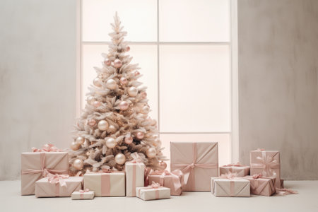 Beautiful christmas tree decorated with baubles and different presents on the floor. Copyspace background.の素材