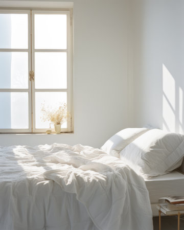 Peaceful bedroom with natural light and clean colorsの素材