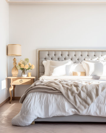 Peaceful bedroom with natural light and clean colorsの素材