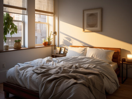 Interior design composition. Earth-Toned Bedroom with Natural Wood Accentsの素材
