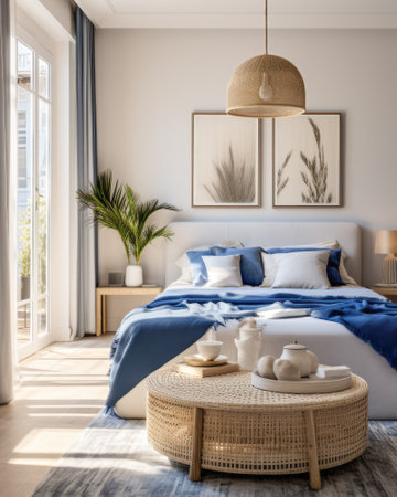 Stylish modern bedroom with luxe blue accentsの素材