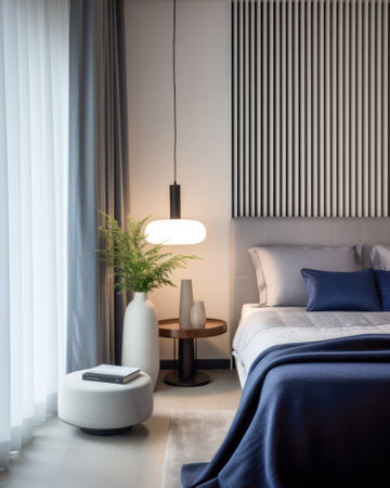 Stylish modern bedroom with luxe blue accentsの素材
