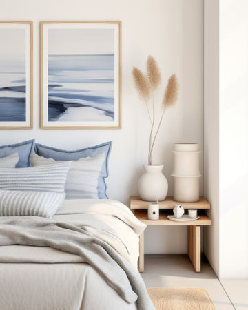 Stylish modern bedroom with luxe blue accentsの素材