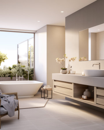 Elegant luxurious bedroom with a modern bathroomの素材