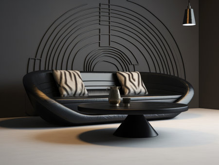 Sofa against a wall in a mixed style interior decoration composition.の素材